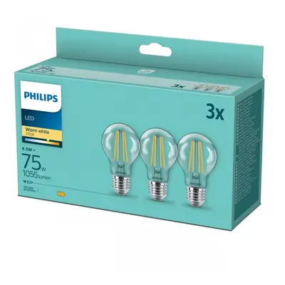 Philips 8718699696955 sada 3x LED filamentová žárovka E27 1x8,5W/75W | 1055lm | 2700K