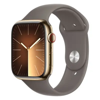 Chytré hodinky Apple Watch Series 9 45mm Cellular Zlatý nerez s jílově šedým sportovním řemínkem