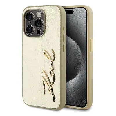 Kryt na mobil Karl Lagerfeld Wrinkled PU Signature Logo Zadní Kryt pro iPhone 15 Pro Gold