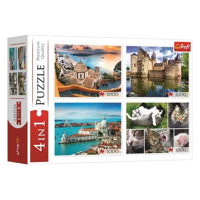 Puzzle Trefl Puzzle Santorini, Benátky, Zámek Sully-sur-Loire a Kočky 4x1000 dílků