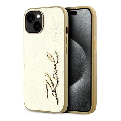 Kryt na mobil Karl Lagerfeld Wrinkled PU Signature Logo Zadní Kryt pro iPhone 15 Gold