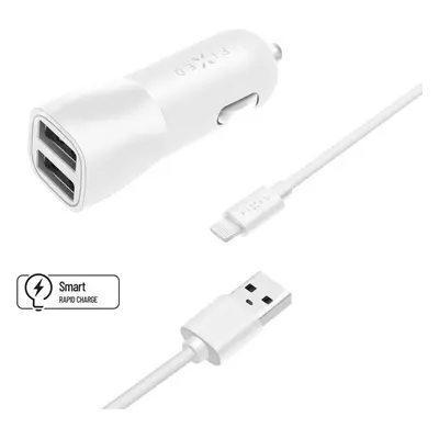 Nabíječka do auta FIXED Smart Rapid Charge 15W s 2xUSB výstupem a USB/Lightning kabelem MFI cert