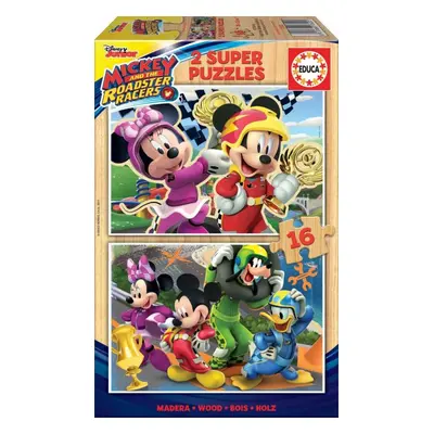 Puzzle Educa Dřevěné puzzle Mickey, Minnie a závodníci 2x16 dílků