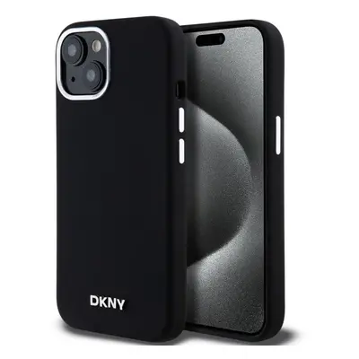 Kryt na mobil DKNY Liquid Silicone Silver Metal Logo Magsafe Zadní Kryt pro iPhone 15 Black