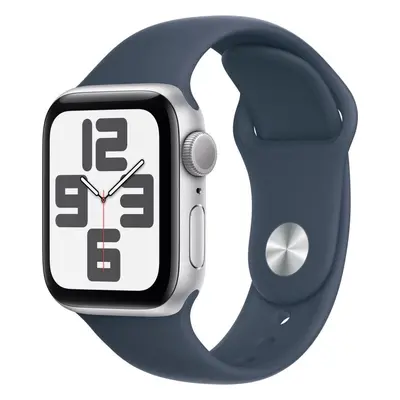 Chytré hodinky Apple Watch SE 40mm Stříbrný hliník s bouřkově modrým sportovním řemínkem - S/M