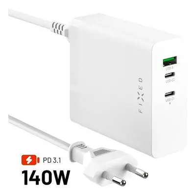 Nabíječka do sítě FIXED Charging Station s 2xUSB-C a USB výstupem podpora PD 3.1 140W bílá