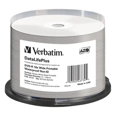 Média VERBATIM DVD-R DataLifePlus 4.7GB, 16x, printable, waterproof, spindle 50 ks