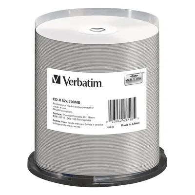 Média VERBATIM CD-R DataLifePlus 700MB, 52x, thermal printable, spindle 100 ks