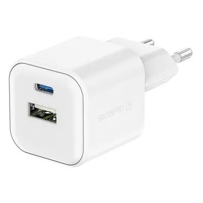 Nabíječka do sítě Swissten síťový adaptér GaN 1x USB-C 35W PD + 1x USB-A 27W QC bílý