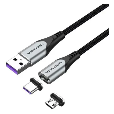 Datový kabel Vention 2-in-1 USB 2.0 to Micro + USB-C Male Magnetic Cable 5A 0.5m Gray Aluminum A