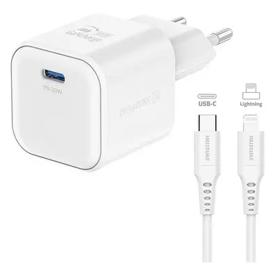 Nabíječka do sítě Swissten síťový adaptér GaN 1x USB-C 20W Power Delivery + datový kabel USB-C/L