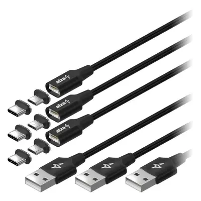 Datový kabel AlzaPower MagCore 2in1 USB-A to Micro USB/USB-C 2m černý, Multipack 3ks