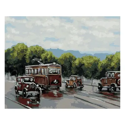 Malování podle čísel Tramvaj s auty, 80x100 cm, vypnuté plátno na rám