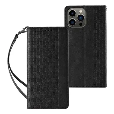 Pouzdro na mobil Magnet Strap knížkové kožené pouzdro na iPhone 13 Pro, černé