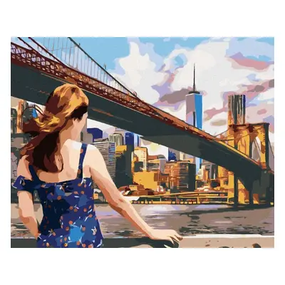 Malování podle čísel Žena u Brooklyn Bridge v New Yorku, 80x100 cm, vypnuté plátno na rám