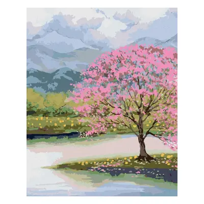 Diamantové malování Diamondi - ROZKVETLÁ SAKURA U VODY, 40x50 cm, vypnuté plátno na rám