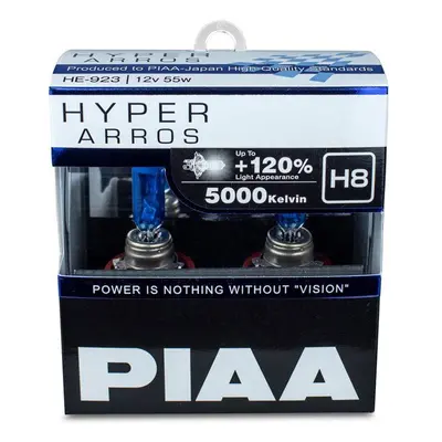 Autožárovka PIAA Hyper Arros 5000K H8 + 120%. jasně bílé světlo o teplotě 5000K, 2ks