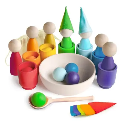 Vzdělávací sada Ulanik Montessori dřevěná hračka „Rainbow: Peg Dolls in Cups with Hats and Balls