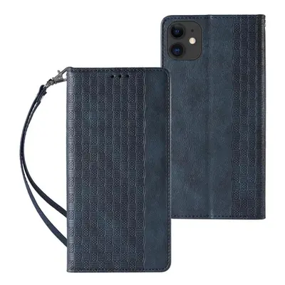 Pouzdro na mobil Magnet Strap knížkové kožené pouzdro na iPhone 12, modré