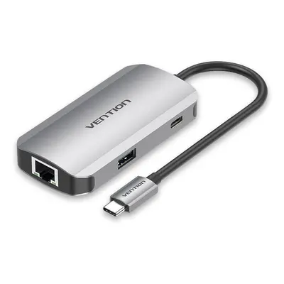 Replikátor portů Vention 5-in-1 Type-C to 3x USB3.0 / RJ-45 / PD Hub 0.15M Gray Aluminum Alloy T