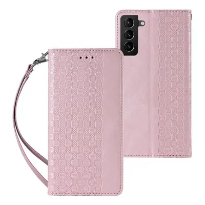 Pouzdro na mobil Magnet Strap knížkové kožené pouzdro na Samsung Galaxy S22 Ultra, růžové