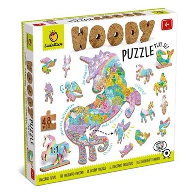 Dřevěné puzzle Ludattica Woody Jednorožci, dřevěné puzzle, 48 dílků