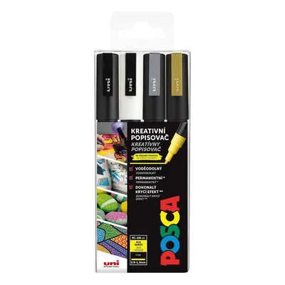 POSCA akrylový popisovač PC-3M 4 ks - bílá, zlatá, černá, stříbrná