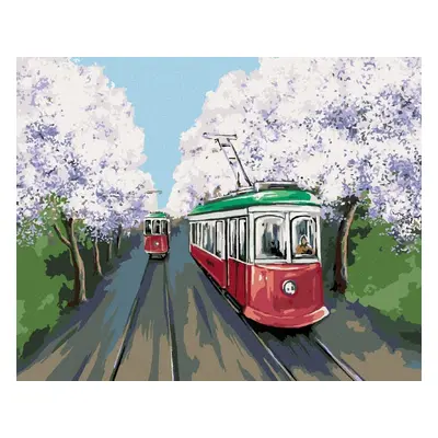 Malování podle čísel Tramvaje v třešňové aleji, 80x100 cm, bez rámu a bez vypnutí plátna