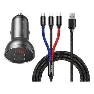 Nabíječka do auta Baseus Digital Display Dual USB Car Charger 24W + 3-in-1 Cable 1.2m