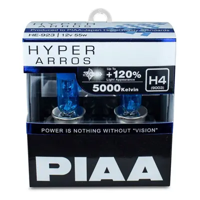 Autožárovka PIAA Hyper Arros 5000K H4 + 120%. jasně bílé světlo o teplotě 5000K, 2ks