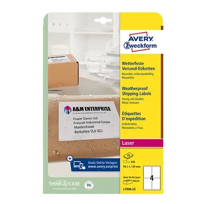 Avery Zweckform etikety 99.1mm x 139mm, A4, bílé, 1 etiketa, voděodolné, baleno po 25 ks, L7994-