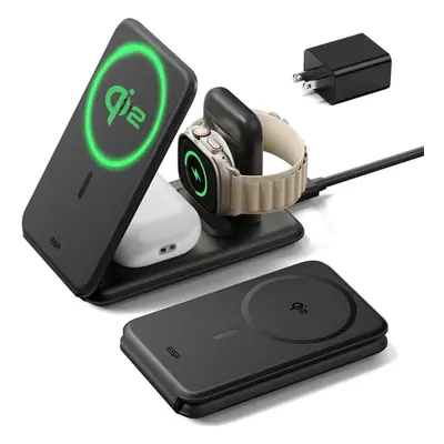 Bezdrátová nabíječka ESR Qi2 3-in-1 Travel Wireless Charging Set (HaloLock), EU Plug, Black