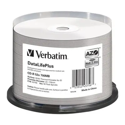 Média VERBATIM CD-R DataLifePlus 700MB, 52x, white thermal printable, spindle 50 ks