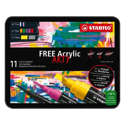 Popisovače STABILO FREE Acrylic základní sada - balení 11 barev - se 3 různými hroty 4x T100, 5x