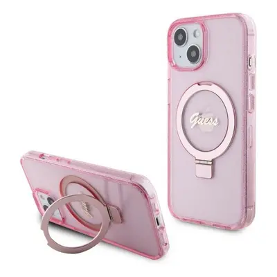 Kryt na mobil Guess IML Ring Stand Glitter MagSafe Zadní Kryt pro iPhone 15 Pro Max Pink