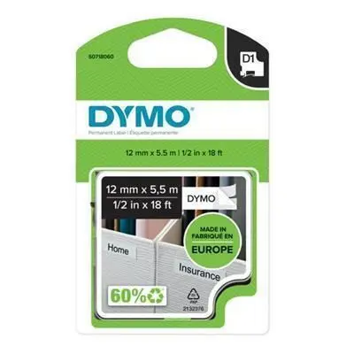 Páska, odolný plast, 12 mm x 5,5 m, DYMO "D1", bílá-černá