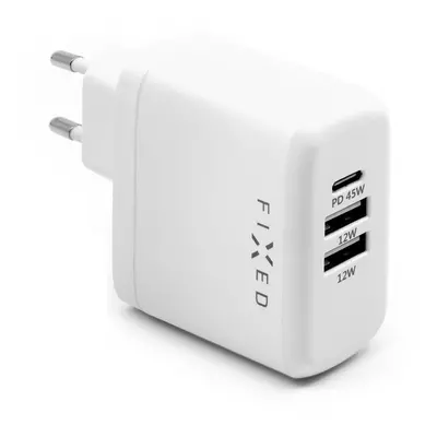 Nabíječka do sítě FIXED Travel s USB-C a 2x USB výstupem podpora PD 45W bílá