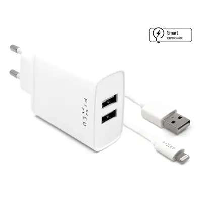 Nabíječka do sítě FIXED Smart Rapid Charge 15W s 2xUSB výstupem a USB/Lightning kabelem 1m MFI c