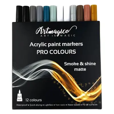 Popisovače Artmagico Pro Smoke and Shine akrylové fixy, černo-bílé a metalické odstíny, 12 ks