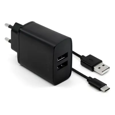 Nabíječka do sítě FIXED Smart Rapid Charge 15W s 2xUSB výstupem a USB/USB-C kabelem 1m černá