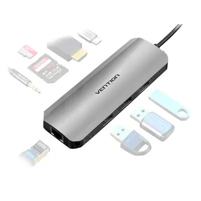 Replikátor portů Vention 9-in-1 USB-C to HDMI/3xUSB 3.0/RJ45/SD/TF/3.5mm/PD100W Aluminum