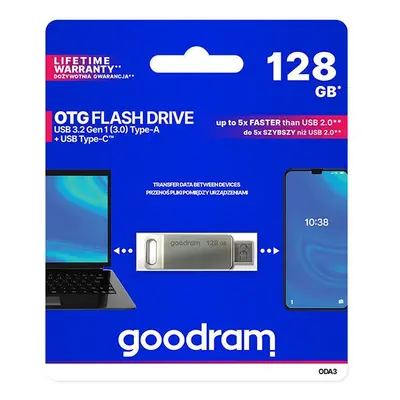 Goodram USB flash disk, USB 3.0, 128GB, ODA3, stříbrný, ODA3-1280S0R11, USB A / USB C, s otočnou