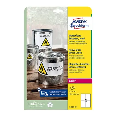 Avery Zweckform etikety 99.1mm x 139mm, A4, matné, bílé, 4 etikety, velmi odolné, baleno po 20 k