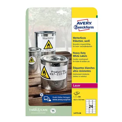 Avery Zweckform etikety 63.5mm x 33.9mm, A4, bílé, 24 etiket, velmi odolné, baleno po 20 ks, L47