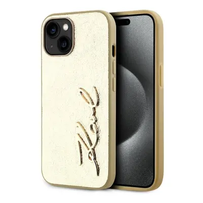 Kryt na mobil Karl Lagerfeld Wrinkled PU Signature Logo Zadní Kryt pro iPhone 15 Gold