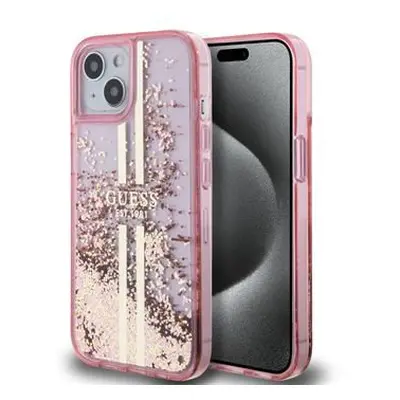 Guess PC/TPU Liquid Glitter Gold Stripe Zadní Kryt pro iPhone 15 Pink