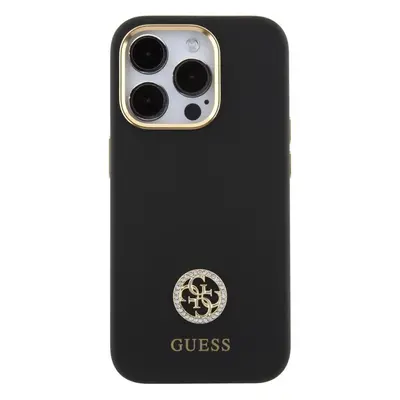 Kryt na mobil Guess Liquid Silicone 4G Strass Metal Logo Zadní Kryt pro iPhone 15 Pro Black