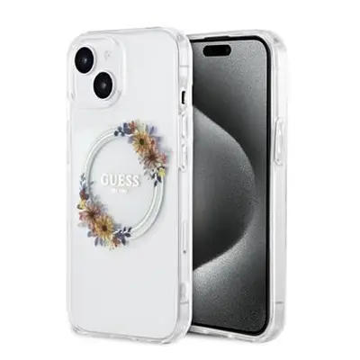 Guess PC/TPU Flowers Ring Glossy Logo MagSafe Zadní Kryt pro iPhone 15 Transparent