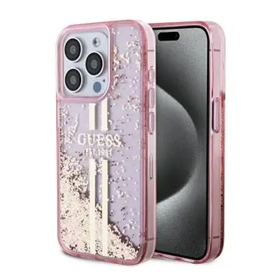 Guess PC/TPU Liquid Glitter Gold Stripe Zadní Kryt pro iPhone 15 Pro Pink