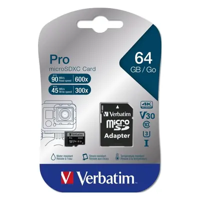 Paměťová karta Verbatim MicroSDXC 64GB Pro + SD adaptér